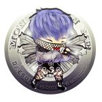  1boy belt bigbang black_shoes boots character_name chibi daesung eyes_closed fishnet_shirt fur half_mask jacket k-pop male_focus microphone musician open_mouth patterned_legwear purple_hair shoes solo star transparent_background 