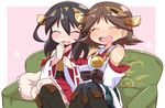  :d ^_^ bare_shoulders black_hair black_legwear brown_hair closed_eyes couch detached_sleeves hair_between_eyes hair_ornament hairclip haruna_(kantai_collection) headgear hiei_(kantai_collection) kantai_collection long_hair multiple_girls nontraditional_miko open_mouth short_hair sitting smile tsukko_(3ki2ne10) twitter_username wide_sleeves 