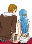  1boy 1girl alabasta back blue_hair brown_hair couple kohza nefertari_vivi one_piece princess sitting tegaki 