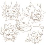  armor bushinyan cape cat closed_eyes fangs fire fuyunyan haramaki helmet jibanyan monochrome multiple_tails no_humans notched_ear open_mouth rivets robonyan robot scar tail tail-tip_fire ticktack_chicken togenyan two_tails white_background youkai youkai_watch youkai_watch_2 