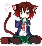  absurdres animal_ears bad_id bad_pixiv_id bakunyuu_gorilla black_legwear brown_hair cat_ears cat_tail crescent fang green_skirt highres kantai_collection kemonomimi_mode long_sleeves mutsuki_(kantai_collection) open_mouth pantyhose pleated_skirt remodel_(kantai_collection) short_hair simple_background skirt solo tail white_background 