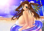  absurdres ass beach bikini blush breasts brown_hair bursting_breasts butt_crack curvy female gigantic_breasts green_eyes hair_ribbon highres hiiaru huge_ass huge_breasts innertube long_hair looking_back outdoors ribbon shiny_skin solo standing swimsuit tanline thick_thighs wide_hips 