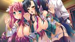  1boy 2girls areolae bare_shoulders bent_over black_legwear blue_eyes blue_hair blush breasts breasts_outside censored clothed_sex cum cum_in_pussy cum_on_hair facial game_cg group_sex highres hikage_eiji kan&#039;u kan'u katagiri_hinata koihime_musou large_breasts legs long_hair mosaic_censoring multiple_girls nipples open_mouth panties panty_pull pink_hair ryuubi sex side_ponytail thighs threesome underwear vaginal yellow_eyes 