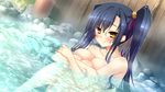  1girl blue_hair blush breast_press breasts game_cg highres hikage_eiji huge_breasts kan&#039;u kan'u katagiri_hinata koihime_musou legs long_hair looking_at_viewer nude onsen partially_submerged side_ponytail sitting smile solo steam thighs water wet yellow_eyes 