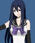  aibi12634761 blue_background blue_eyes blue_hair bow breasts elbow_gloves gloves gokukoku_no_brynhildr highres kuroha_neko large_breasts long_hair purple_bow simple_background solo upper_body 