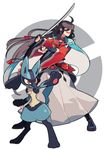  bad_id bad_pixiv_id black_hair blue_eyes fingerless_gloves gen_4_pokemon gloves izumi-no-kami_kanesada japanese_clothes katana lucario open_mouth poke_ball pokemon pokemon_(creature) ppo-p smile sword touken_ranbu weapon 