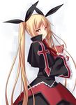  black_capelet blazblue blonde_hair blush capelet colored_eyelashes dress frills gii hair_ribbon highres long_hair looking_back parted_lips rachel_alucard red_eyes ribbon takanashi-a twintails wide_sleeves 