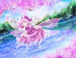  alternate_color alternate_hair_color alternate_wings cherry_blossoms cirno closed_eyes dutch_angle flying hair_ribbon outdoors petals pink_hair ribbon short_hair skirt skirt_hold skirt_set solo spring_(season) stream touhou tree tsukiori_sasa wading wings 