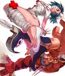  1girl aqua_hair arched_back bad_id bad_pixiv_id bare_shoulders battle between_fingers blood blue_hair boots breasts cerebella_(skullgirls) choker cleavage cuts dark_skin detached_sleeves dodging dress duel eyepatch flats foreshortening gloves hair_over_one_eye hat heel_blade injury kicking large_breasts leg_wrap living_clothes matsuba_(idiotlantern) nurse nurse_cap off-shoulder_dress off_shoulder pointy_shoes ponytail red_cross red_eyes scalpel shoes short_dress short_hair skullgirls surgical_mask thigh_boots thighhighs underboob upside-down valentine_(skullgirls) vice-versa_(skullgirls) weapon white_gloves 