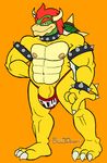  2015 biceps big_muscles big_penis blu3danny bowser claws clothed clothing collar dragon flaccid hair horn hybrid koopa looking_at_viewer male mario_bros muscles nintendo nipples penis presenting red_eyes red_hair reptile scalie skimpy solo thick_penis toe_claws toned turtle vein veiny_penis video_games 