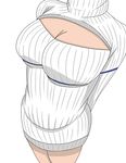  arms_behind_back black_hair breasts cleavage_cutout dress head_out_of_frame highres large_breasts long_hair meme_attire open-chest_sweater poke_kuu rei_no_himo ribbed_sweater ribbon skindentation smile solo sweater sweater_dress turtleneck 