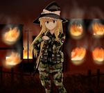  ak-47 alternate_costume assault_rifle blonde_hair braid burning camouflage cyka fire gun hand_on_hip hat highres kirisame_marisa lepa_sela_lepo_gore load_bearing_vest long_hair military military_uniform patch rifle serbia serbian_flag touhou uniform weapon witch_hat yellow_eyes zastava_m70 