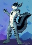  2015 anthro big_ears big_tail black_fur black_nose black_stripes blue_fur ethelas fur green_eyes hair hybrid lombax male mammal mojo nude ratchet_and_clank short_hair shrug skunk skunkbax smile stripes video_games 