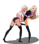  absurdres blonde_hair borrowed_design chloe_von_einzbern cosplay dark_skin elakan fate/kaleid_liner_prisma_illya fate_(series) highres illyasviel_von_einzbern izayoi_sakuya izayoi_sakuya_(cosplay) leotard licking long_hair matching_outfit multiple_girls pink_hair race_queen red_eyes thighhighs touhou yuri 