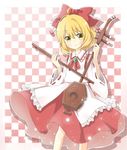  ahoge bad_id bad_pixiv_id blonde_hair brooch checkered checkered_background cherry detached_sleeves dress ellipsis_(mitei) erhu food fruit hair_ribbon highres instrument jewelry layered_dress light_particles looking_at_viewer ribbon ribbon-trimmed_sleeves ribbon_trim satsuki_rin short_hair smile solo touhou yellow_eyes 