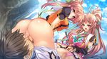  1boy 2girls anus ass bachou batai blush breasts brown_hair censored character_request clothed_sex cloud clouds cunnilingus game_cg group_sex highres hikage_eiji hongou_kazuto katagiri_hinata koihime_musou large_breasts legs licking long_hair looking_back lying mosaic_censoring multiple_girls no_panties open_mouth oral panties panties_aside penis pink_eyes ponytail pussy reverse_spitroast sex sitting sitting_on_face sitting_on_person sky small_breasts sweat thighs threesome underwear vaginal 