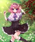  boots bow capelet flower from_above gokukoku_no_brynhildr grass hairband kazumi_schlierenzauer lying on_back outdoors pink_hair purple_bow purple_eyes shadow smile solo tree ume_(pixiv624546) under_tree 