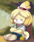  animal_crossing anthro bell black_nose canine clothed clothing cute dog ende eyelashes eyes_closed female fruit fur hair isabelle_(animal_crossing) mammal nintendo outside pawpads paws sitting sleeping solo tree video_games white_fur yellow_fur 