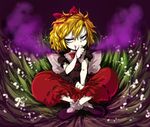  bags_under_eyes blonde_hair blue_eyes bow dress flower hair_bow harusame_(unmei_no_ikasumi) licking_lips lily_of_the_valley medicine_melancholy neck_ribbon poison ribbon ribbon-trimmed_skirt ribbon_trim shoes short_hair short_sleeves sitting smirk solo tongue tongue_out touhou 
