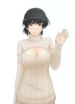  amagami black_eyes black_hair blush breasts cleavage cleavage_cutout dai_dassou large_breasts mature meme_attire older open-chest_sweater ponytail ribbed_sweater short_hair smile solo sweater tsukahara_hibiki turtleneck waving 