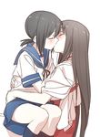  akagi_(kantai_collection) bad_id bad_twitter_id black_hair blue_legwear blush brown_hair closed_eyes fubuki_(kantai_collection) hug kantai_collection kinosuke_(sositeimanoga) kiss long_hair multiple_girls school_uniform serafuku short_hair short_ponytail simple_background sitting skirt white_background yuri 