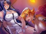  2girls ahegao areolae blonde_hair blue_eyes blue_hair blush breasts censored erect_nipples fellatio fishnets futa_with_female futanari hand_on_another's_head hand_on_head huge_breasts igawa_sakura kagami_hirotaka makeup multiple_girls nipples open_mouth oral panties ponytail red_eyes saliva see-through sweat taimanin_asagi taimanin_asagi_battle_arena tongue_out underwear yatsu_murasaki 