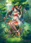  1girl animal_ears bare_shoulders bird black_hair blue_eyes cat_ears eihi female flower last_chronicle long_hair looking_at_viewer midriff multicolor_hair multicolored_hair navel open_mouth sitting smile solo twintails 