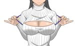  black_hair breasts cleavage_cutout head_out_of_frame large_breasts long_hair meme_attire open-chest_sweater poke_kuu rei_no_himo ribbed_sweater ribbon smile solo sweater turtleneck 