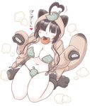  ahoge animal_ears animal_hood black_hair borrowed_character breasts cleavage food fruit fukidamari_no_peke hair_over_eyes heart_ahoge hood large_breasts leaf leaf_bikini leaf_on_head mandarin_orange mouth_hold navel original pasties paw_pose paw_shoes raccoon_ears raccoon_tail sacchan_(nyaromeron) shoes short_hair sitting sleeves_past_wrists solo tail wariza whisker_markings 