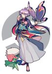  bad_id bad_pixiv_id blue_eyes flower gen_4_pokemon gen_6_pokemon hakama japanese_clothes kasen_kanesada poke_ball pokemon pokemon_(creature) ppo-p purple_hair roserade smile touken_ranbu vivillon 