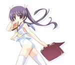  blush food food_in_mouth late_for_school long_hair mouth_hold one-piece_swimsuit ouhashi purple_hair school_briefcase school_uniform simple_background smile solo swimsuit swimsuit_under_clothes thighhighs toast toast_in_mouth twintails white_background white_legwear white_swimsuit 
