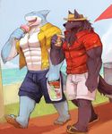  2015 abs anthro biceps big_muscles canine chest_tuft clothing eyes_closed fangs fish food footwear fur ice_cream licking male mammal marine muscles o-ro open_shirt pecs red_eyes sandals scales shark shirt shorts smile summer teeth toned tongue tongue_out tuft wolf 