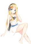  abigail_williams_(fate/grand_order) absurdres alternate_costume arm_support arm_up bangs bare_arms bare_shoulders black_bow blue_eyes blush bow closed_mouth commentary_request dress fate/grand_order fate_(series) forehead hair_bow hand_on_headphones head_tilt headphones highres long_hair orange_bow parted_bangs polka_dot polka_dot_bow simple_background sleeveless sleeveless_dress smile solo very_long_hair white_background white_dress yukaa 