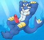  anthro arms_behind_head claws erection glans grin humanoid_penis light looking_at_viewer male mammal mustelid nintendo nipples nude penis pok&eacute;mon red_eyes samurott schwarzfox solo teeth toe_claws underwater video_games water 