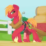  2015 animal_genitalia balls barrel big_macintosh_(mlp) blonde_hair bush cutie_mark earth_pony equine erection fence feral freckles friendship_is_magic fur grass green_eyes hair hooves horse horsecock hoverrover looking_at_viewer male mammal my_little_pony outside penis pony precum red_fur sky solo 