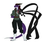  2015 anthro arun_(tokaido) claws clothed clothing cybernetic_limb cybernetics cyborg digitigrade dragon faint frown hair horn plain_background purple_skin red_hair scalie scar standing toe_claws toned white_background yellow_eyes 