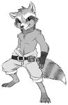  anthro barefoot belt black_and_white clothed clothing digital_media_(artwork) guardians_of_the_galaxy half-dressed looking_at_viewer mammal monochrome raccoon rocket_raccoon smirk step_pose topless unknown_artist 