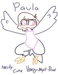  2_toes avian big_eyes breasts brown_hair claws clothed clothing cute english_text eyewear feathers female glasses hair harpy monster monster_girl mythical nerd paula pink_eyes plain_background solo text the_weaver toe_claws toes wings 