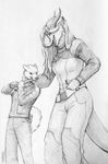  2015 anthro arun_(tokaido) canine clothed clothing digitigrade dog dragon duo female frown fur greyscale hair horn husky laugh male mammal monochrome open_mouth pencil_(artwork) plain_background scalie size_difference sketch smile standing teeth tokaido traditional_media_(artwork) white_background 
