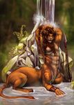  abs chumbasket fangs feline hair lion long_hair looking_at_viewer male mammal mane muscles nude pecs polearm solo spear taur tongue water weapon 