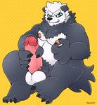  anthro balls bear black_nose claws erection fur glans green_eyes grin hand_on_penis holding_penis humanoid_penis looking_at_viewer male mammal muscles nintendo nipple_pinch nipples nude panda pangoro pecs penis pok&eacute;mon schwarzfox sitting solo teeth toe_claws video_games 