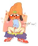  &lt;3 anthro balls blush canine clothing crouching cum cum_on_penis cum_on_self dog english_text footwear hat male mammal masturbation pants pants_down parappa parappa_the_rapper penis shirt shoes solo text tongue tongue_out tschau underwear video_games 
