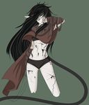  animal_ears black_blood black_hair blood chimera clothed clothing cuts female hair horn human hybrid killy looking_at_viewer mammal plain_background solo sunbetch vein 