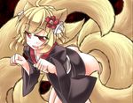  animal_ears bell bent_over blonde_hair bottomless cowboy_shot fang flower fox_ears fox_tail hair_bell hair_flower hair_ornament inari_(sennen_sensou_aigis) japanese_clothes kimono long_sleeves multiple_tails mumumu no_panties open_mouth paw_pose red_eyes sennen_sensou_aigis smile solo tail wide_sleeves 