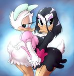  anthro avian big_breasts bird black_hair blush bow breasts butt chochi clothing daisy_duck disney dress duck ducktales duo embarrassed female hair hand_holding magica_de_spell smile 
