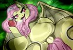  2015 apple bat_pony chubby equine fangs female feral flutterbat_(mlp) fluttershy_(mlp) friendship_is_magic fruit grass hair ladynoface96 long_hair lying mammal my_little_pony on_back open_mouth outside pink_hair pussy solo spread_legs spreading tongue tongue_out wings 