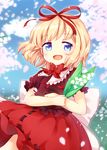  blonde_hair blue_eyes blue_sky cloud day flower hair_ribbon lily_of_the_valley medicine_melancholy mimi_(mimi_puru) open_mouth puffy_short_sleeves puffy_sleeves ribbon sash shirt short_sleeves skirt sky smile solo touhou 
