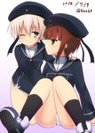  bangs black_legwear blonde_hair blue_eyes blunt_bangs brown_eyes brown_hair dress hionhk kantai_collection kneehighs kneeling knees_together_feet_apart long_sleeves multiple_girls neckerchief one_eye_closed panties pantyshot pantyshot_(sitting) sailor_collar sailor_dress short_hair sitting underwear white_panties z1_leberecht_maass_(kantai_collection) z3_max_schultz_(kantai_collection) 