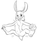  adfowl anthro big_ears black_and_white bow breasts butt cadbury cadbury_bunny feet female hindpaw lagomorph mammal monochrome navel nude paws presenting pussy rabbit smile solo spread_legs spreading 