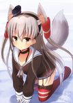  all_fours amatsukaze_(kantai_collection) animal_ears brown_eyes choker dated fox_ears fox_tail gloves hair_tubes headgear hionhk kantai_collection kemonomimi_mode long_hair looking_at_viewer no_shoes red_legwear silver_hair solo striped striped_legwear tail thighhighs twitter_username two_side_up white_gloves 